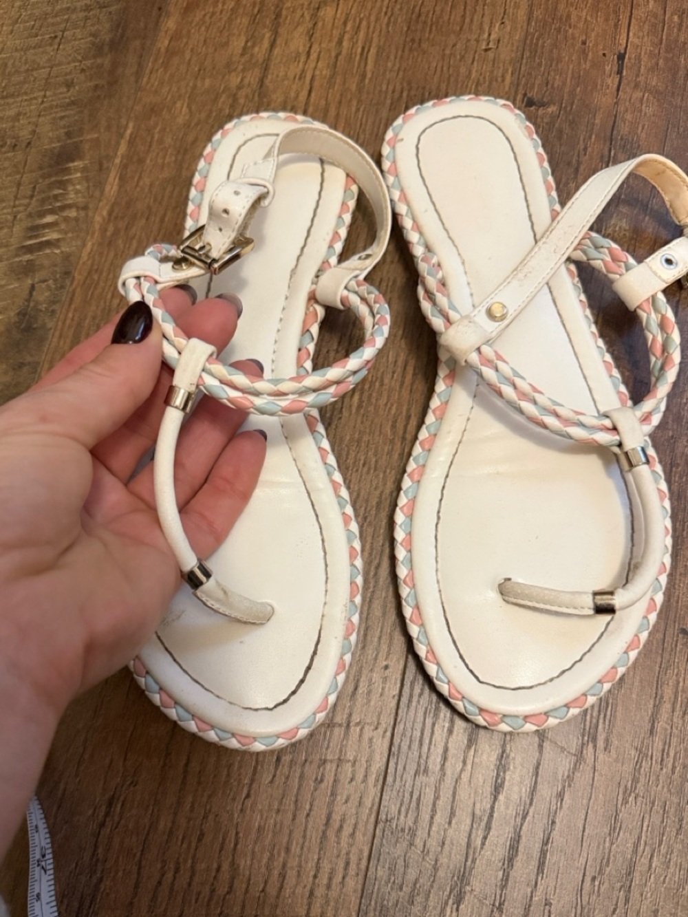 Aldo White Braided T-Strap Sandals with Pink and Mint Accents